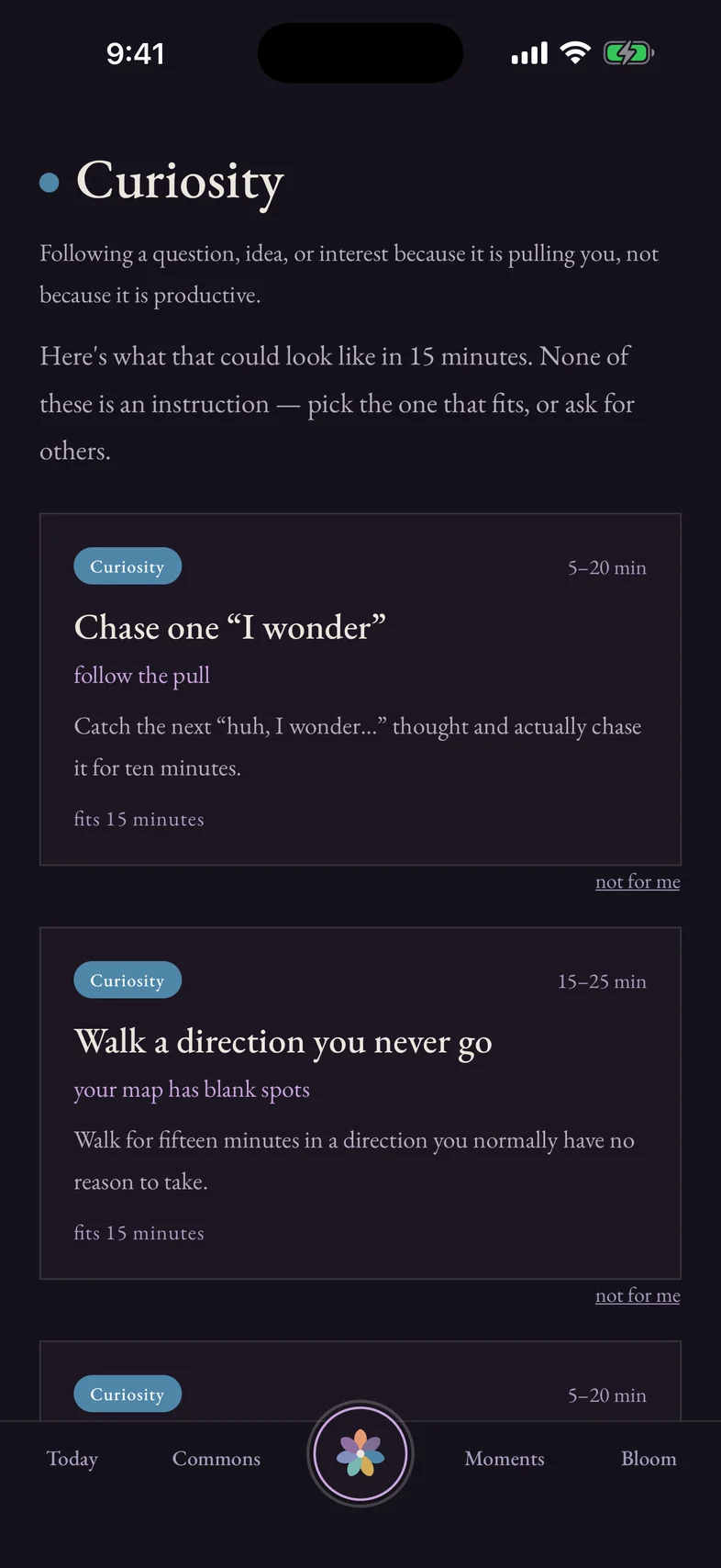 Curiosity ideas that fit 15 minutes: Chase one I wonder, Walk a direction you never go